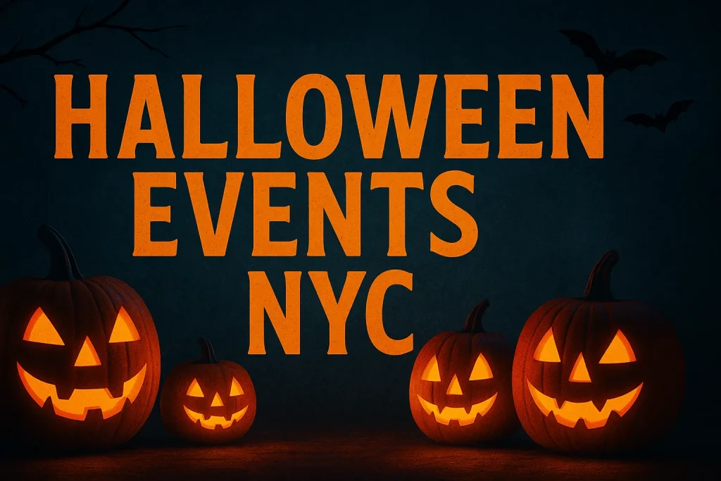 Halloween Events NYC – glowing jack-o'-lanterns on cobblestone street under city skyline with bats and spooky lighting