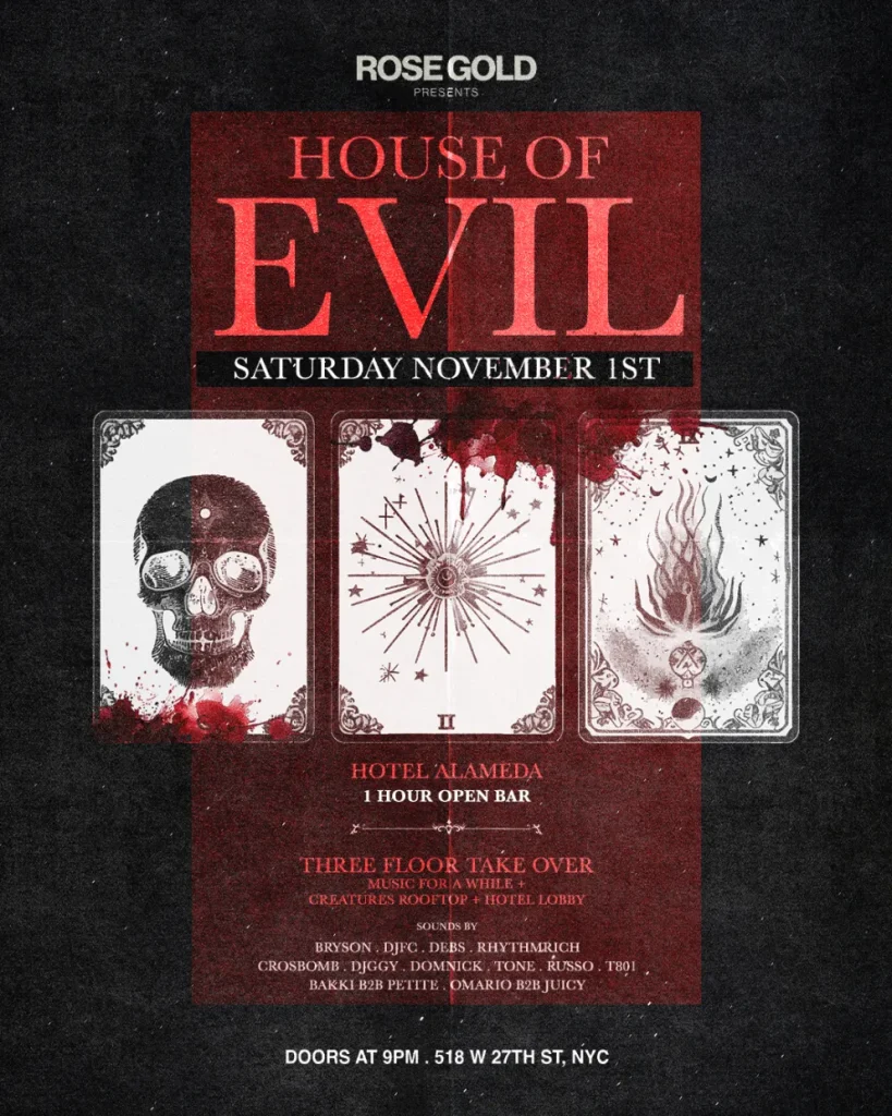 House of Evil Halloween party at Hotel Alameda NYC event poster with tarot cards and gothic red design