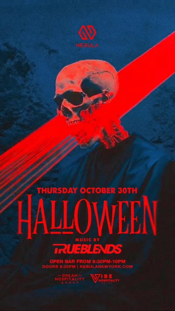 Nebula NYC Halloween party 2025 event flyer featuring red skull design, lasers, and nightclub theme
